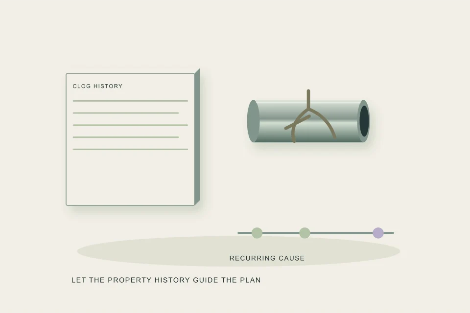 Conceptual illustration of a recorded clog history beside a root-entry joint