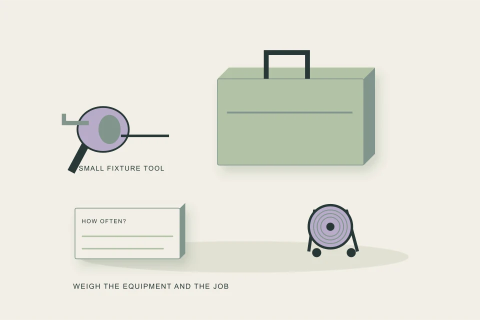 Conceptual illustration of small owned tool rental case and professional equipment