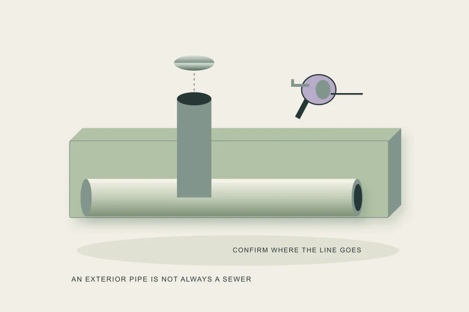 Conceptual illustration of exterior cleanout rising through the lawn
