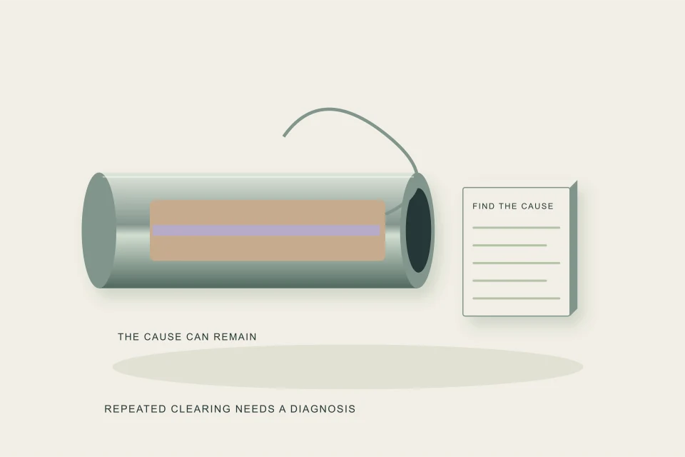 Conceptual illustration of a small cleared channel leaves residue on the walls