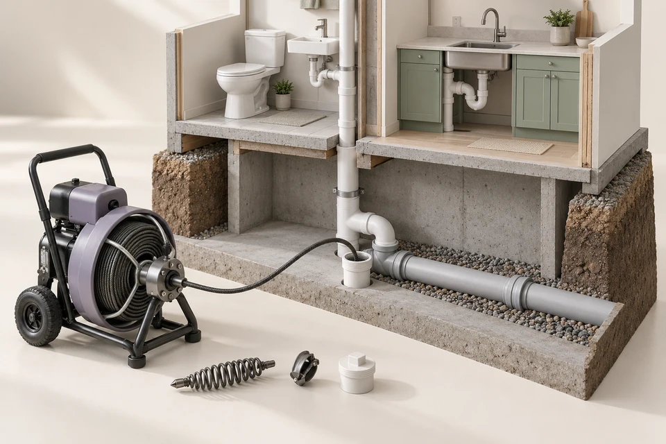 Original architectural interior cutaway with bathroom and kitchen fixtures, exposed building drain, accessible cleanout and professional drain cable machine