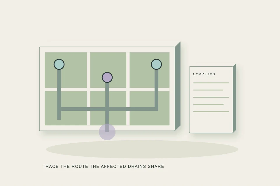 Conceptual illustration of a room plan traces affected drains to their shared route