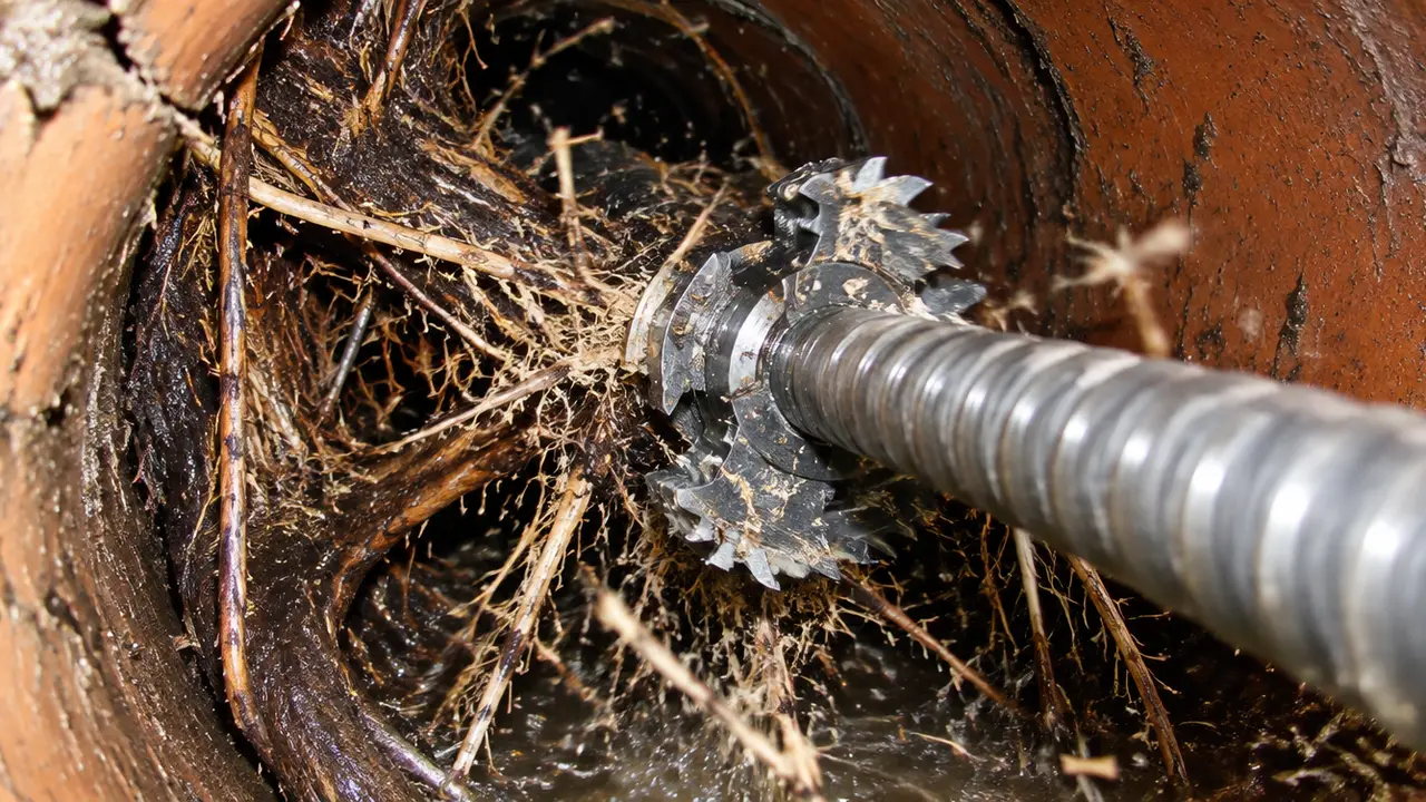 A drain auger root-cutting head spinning through roots inside a pipe