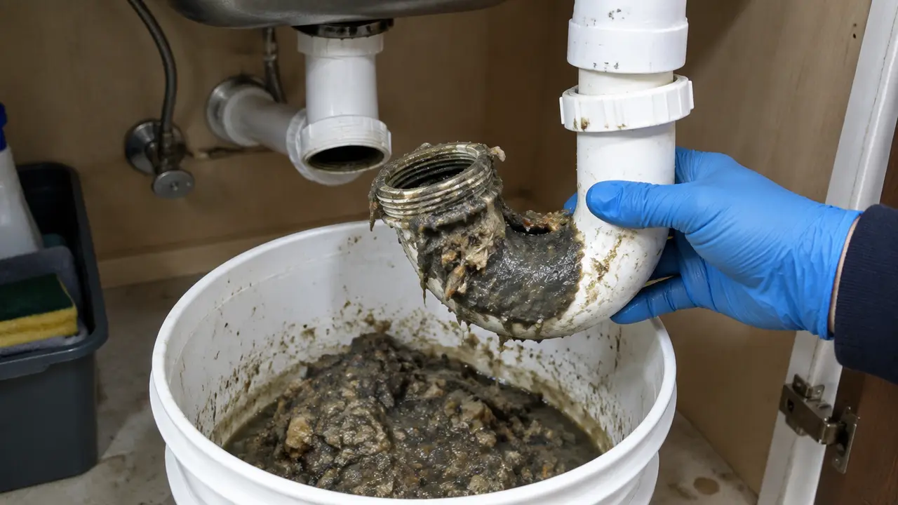A kitchen sink P-trap removed into a bucket, clogged with grease